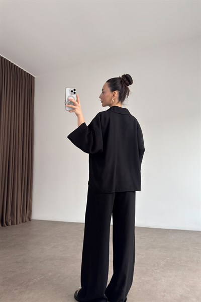 Premium Pamuk Tensel Siyah Pantolon Gömlek Takım