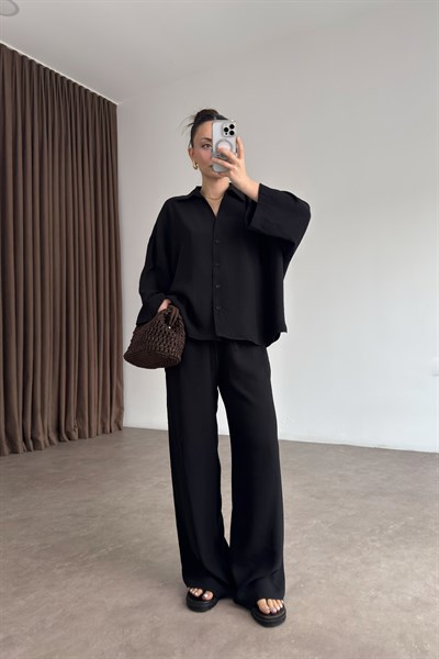 Premium Pamuk Tensel Siyah Pantolon Gömlek Takım