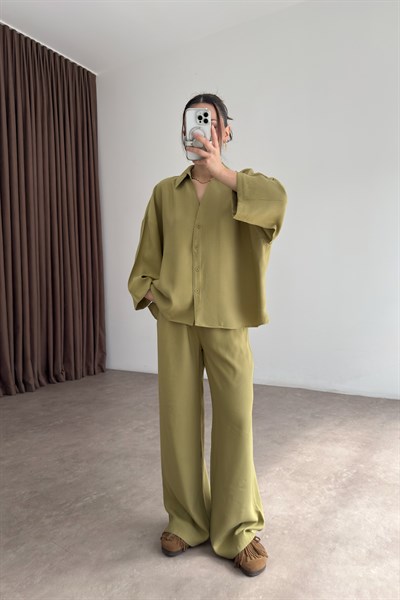 Premium Pamuk Modal Yeşil Gömlek Pantolon Takım