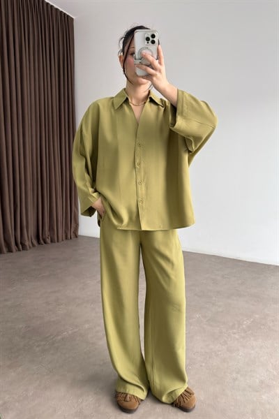 Premium Pamuk Modal Yeşil Gömlek Pantolon Takım
