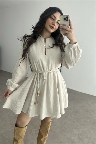 Premium Pamuk Müslin Elbise Bej