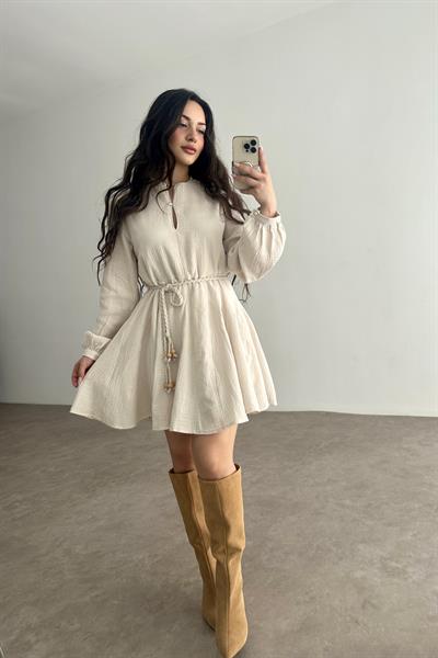 Premium Pamuk Müslin Elbise Bej