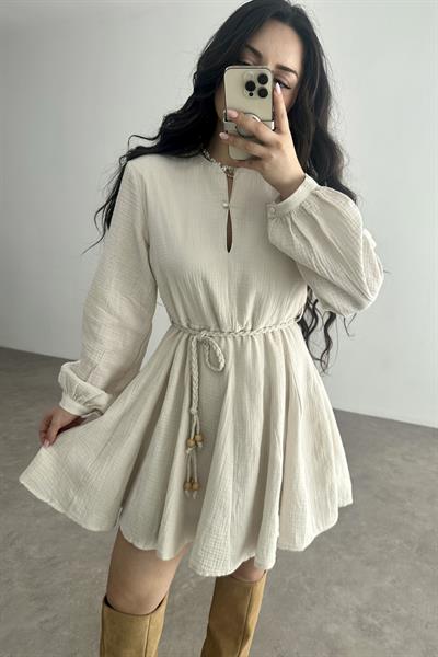 Premium Pamuk Müslin Elbise Bej