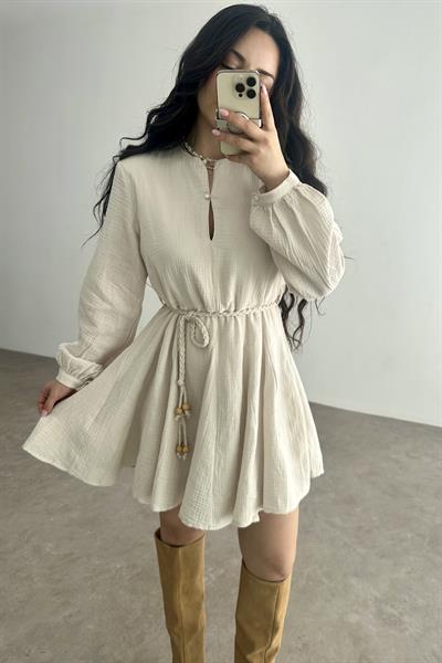 Premium Pamuk Müslin Elbise Bej