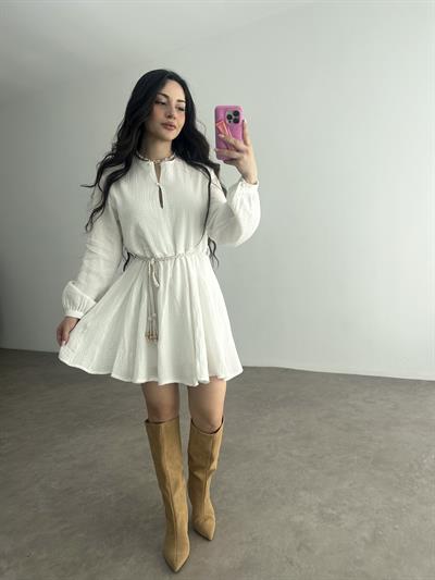 Premium Pamuk Müslin Elbise Beyaz