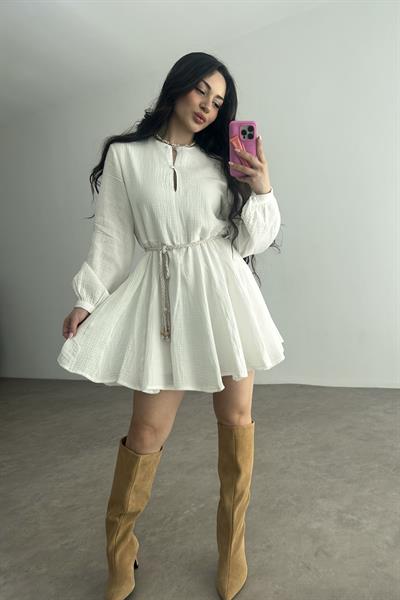 Premium Pamuk Müslin Elbise Beyaz