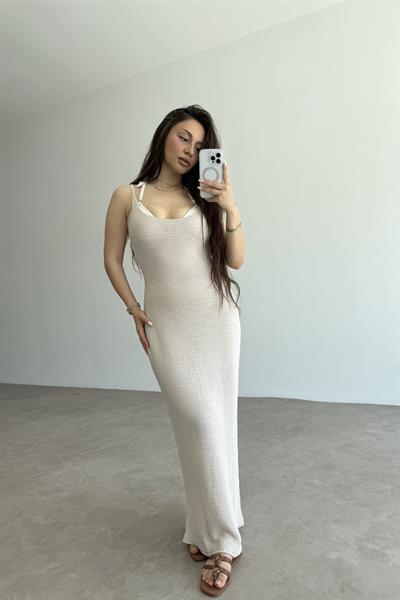 Premium Pamuk Örgü Natural Askılı Plaj Elbisesi