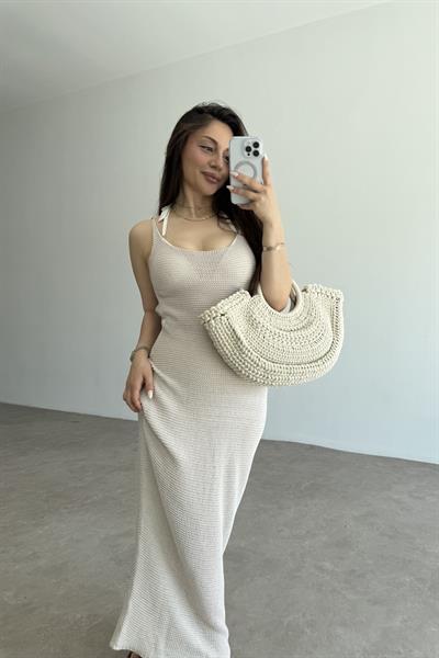 Premium Pamuk Örgü Natural Askılı Plaj Elbisesi
