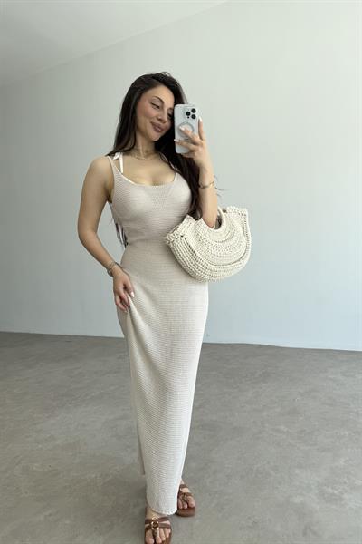 Premium Pamuk Örgü Natural Askılı Plaj Elbisesi