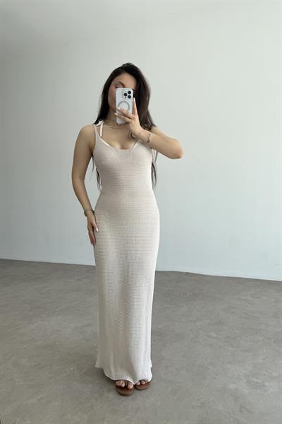 Premium Pamuk Örgü Natural Askılı Plaj Elbisesi