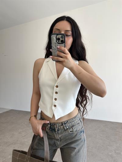 Premium Pamuklu Bağlama Detaylı Ekru Yelek