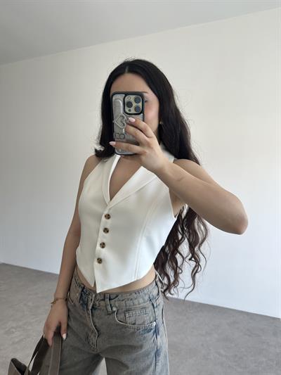 Premium Pamuklu Bağlama Detaylı Ekru Yelek