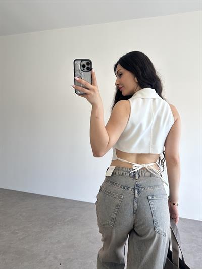 Premium Pamuklu Bağlama Detaylı Ekru Yelek