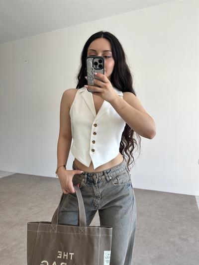 Premium Pamuklu Bağlama Detaylı Ekru Yelek