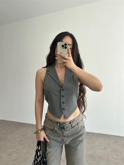 Premium Pamuklu Bağlama Detaylı Gri Yelek