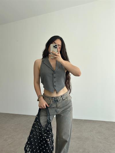 Premium Pamuklu Bağlama Detaylı Gri Yelek