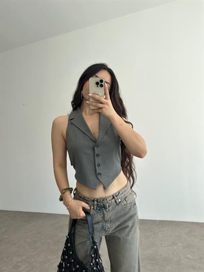 Premium Pamuklu Bağlama Detaylı Gri Yelek