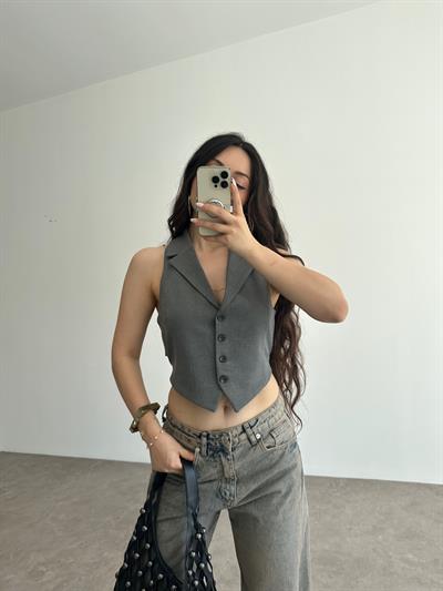 Premium Pamuklu Bağlama Detaylı Gri Yelek