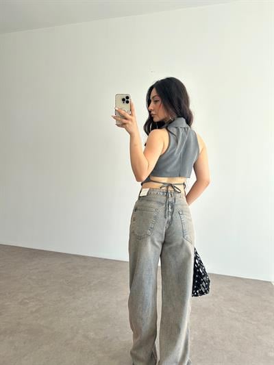 Premium Pamuklu Bağlama Detaylı Gri Yelek