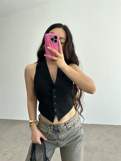 Premium Pamuklu Bağlama Detaylı Siyah Yelek