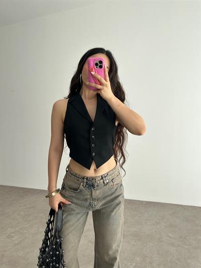 Premium Pamuklu Bağlama Detaylı Siyah Yelek