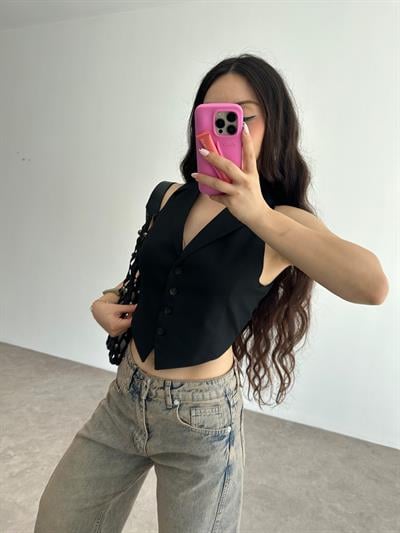 Premium Pamuklu Bağlama Detaylı Siyah Yelek