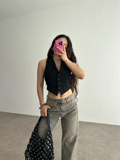 Premium Pamuklu Bağlama Detaylı Siyah Yelek