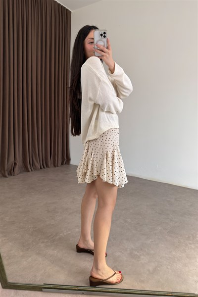 Premium Parçalı Kloş Puantiyeli Ekru Etek