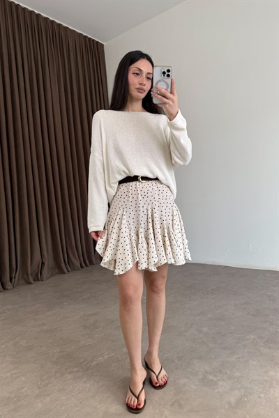 Premium Parçalı Kloş Puantiyeli Ekru Etek