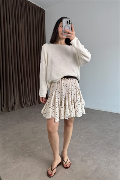 Premium Parçalı Kloş Puantiyeli Ekru Etek
