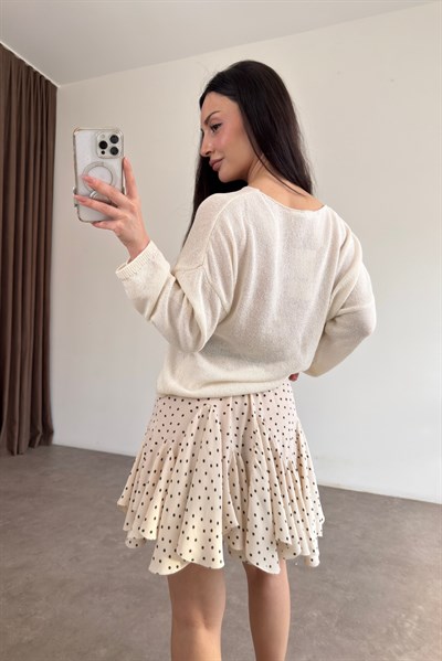 Premium Parçalı Kloş Puantiyeli Ekru Etek