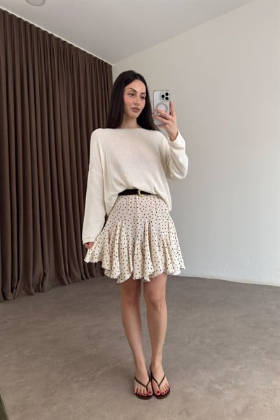 Premium Parçalı Kloş Puantiyeli Ekru Etek