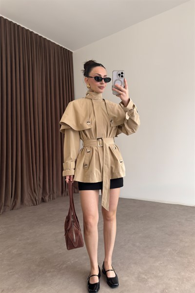 Premium Pelerinli Dik Yaka Bej Trençkot