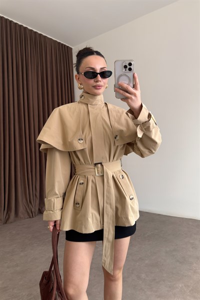 Premium Pelerinli Dik Yaka Bej Trençkot