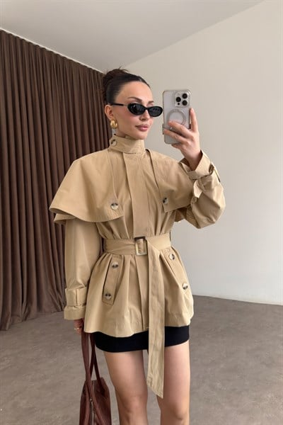 Premium Pelerinli Dik Yaka Bej Trençkot