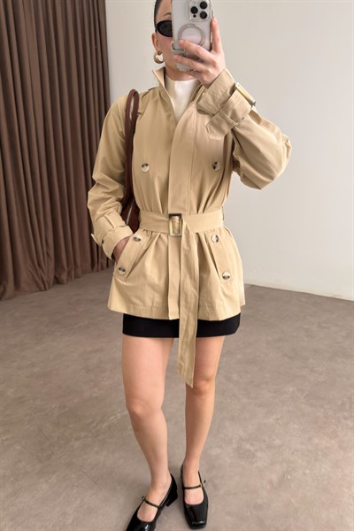 Premium Pelerinli Dik Yaka Bej Trençkot