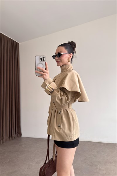 Premium Pelerinli Dik Yaka Bej Trençkot