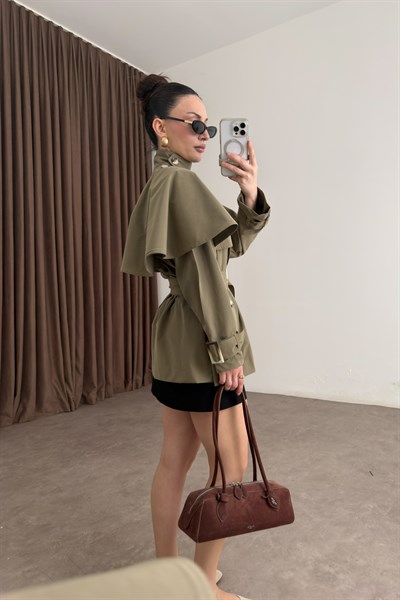 Premium Pelerinli Dik Yaka Haki Trençkot