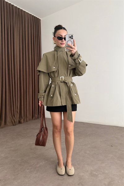 Premium Pelerinli Dik Yaka Haki Trençkot