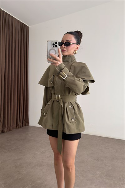 Premium Pelerinli Dik Yaka Haki Trençkot