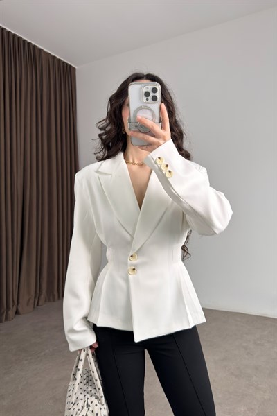Premium Pileli Belden Oturtmalı Beyaz Blazer Ceket