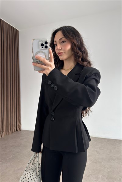 Premium Pileli Belden Oturtmalı Siyah Blazer Ceket