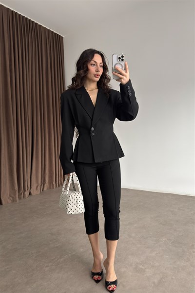 Premium Pileli Belden Oturtmalı Siyah Blazer Ceket
