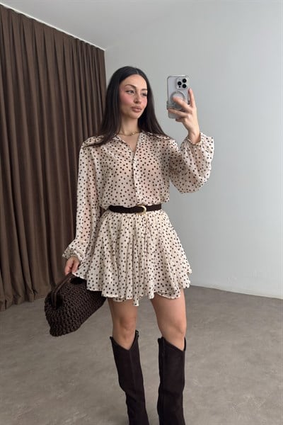 Premium Puantiyeli Gömlek Etek Ekru Takım 