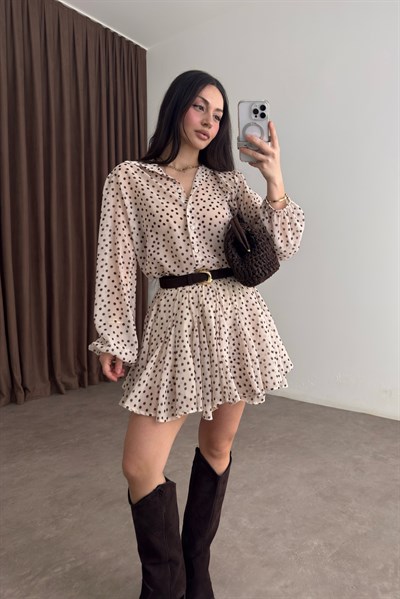 Premium Puantiyeli Gömlek Etek Ekru Takım 