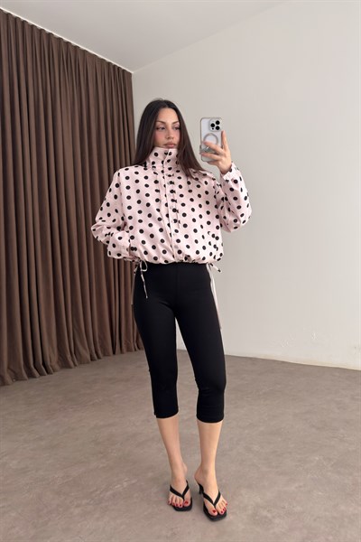 Premium Puantiyeli Dik Yakalı Büzgülü Pembe Yağmurluk