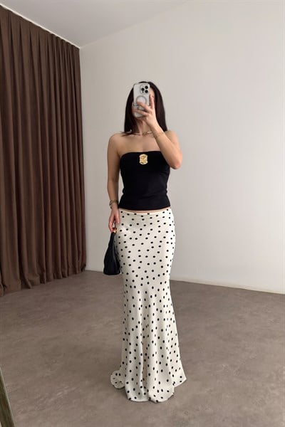 Premium Puantiyeli Midi Ekru Etek