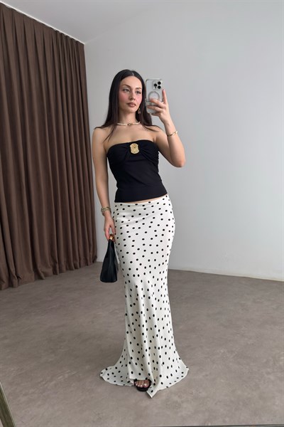 Premium Puantiyeli Midi Ekru Etek