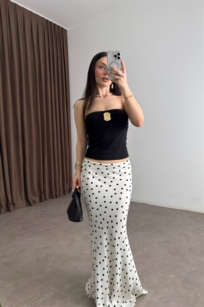 Premium Puantiyeli Midi Ekru Etek