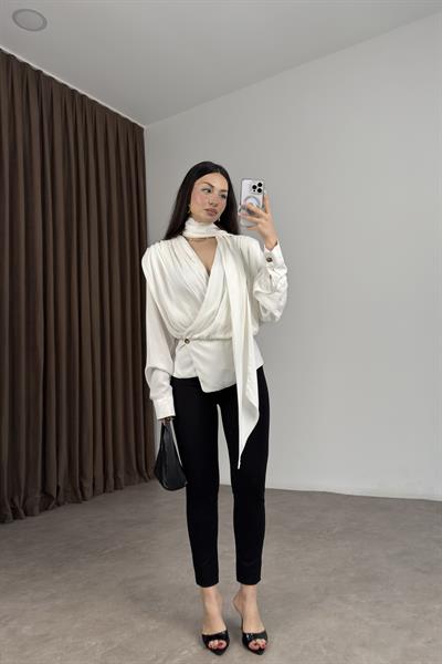 Premium Şal Detaylı Pamuklu Drapeli Beyaz Bluz 